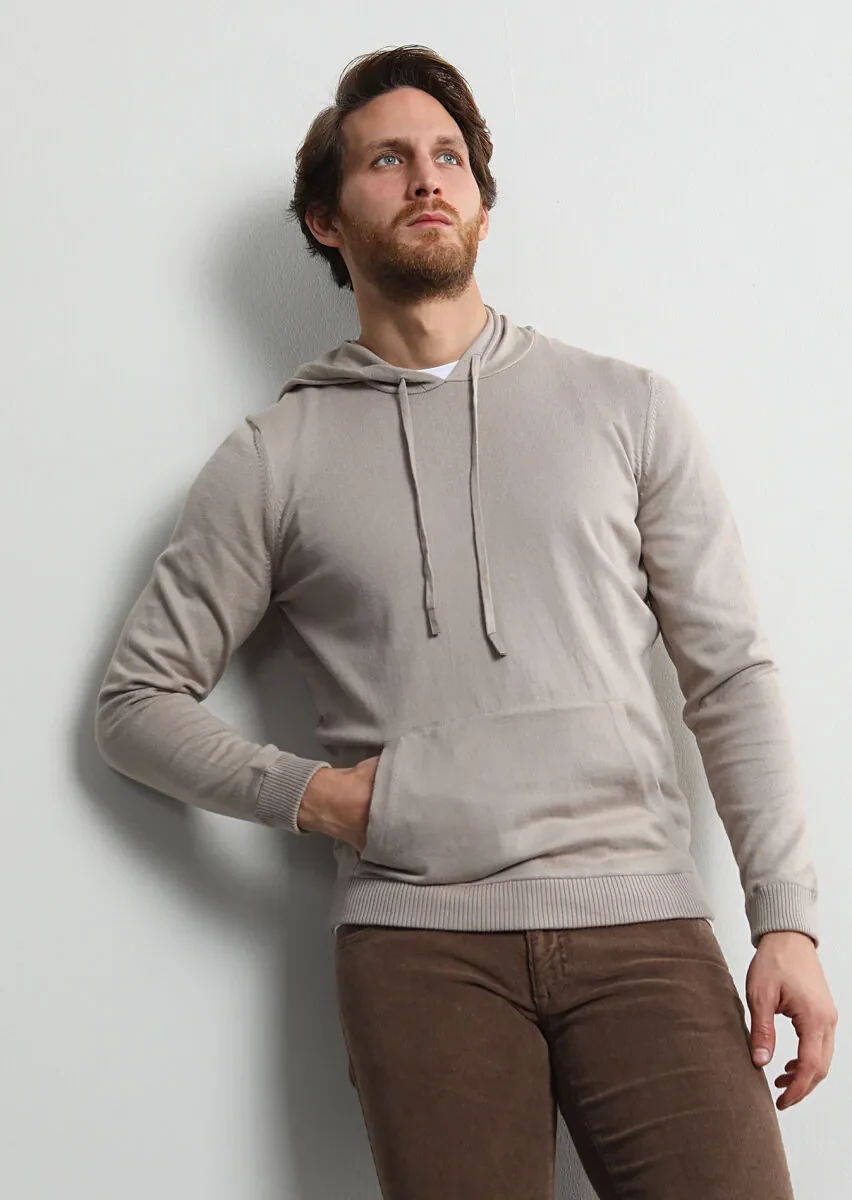 Bej Kapüşonlu Düz Örgü %100 Pamuk Triko Kazak - 1