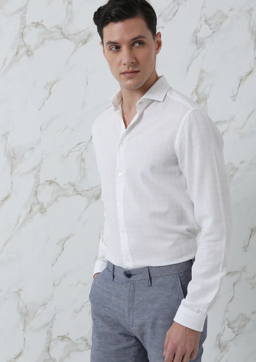 Bej Kareli Regular Fit Dokuma Casual %100 Pamuk Gömlek - 1