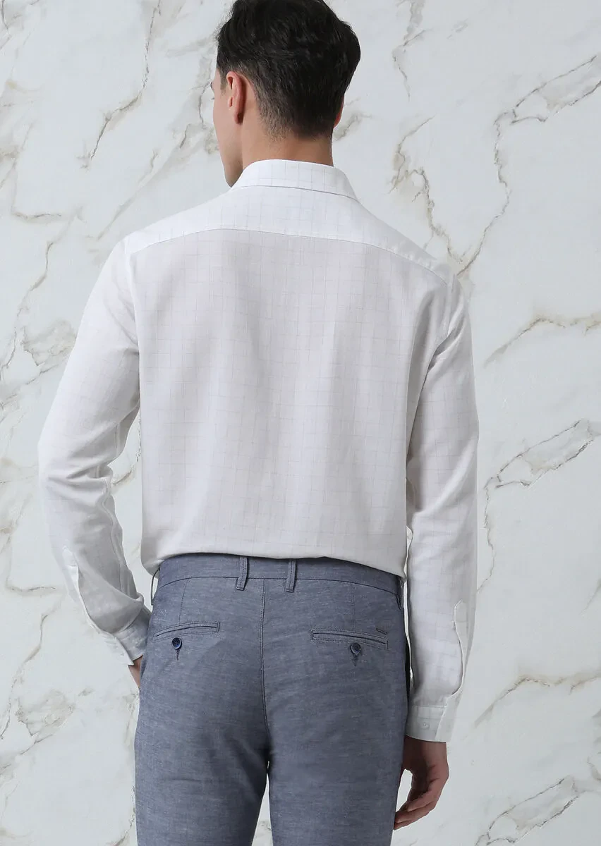 Bej Kareli Regular Fit Dokuma Casual %100 Pamuk Gömlek - 5