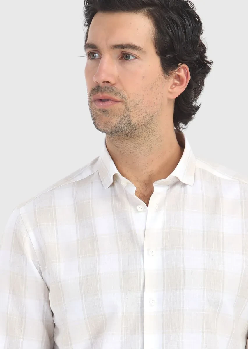 Bej Kareli Regular Fit Dokuma Casual Pamuk Karışımlı Gömlek - 3