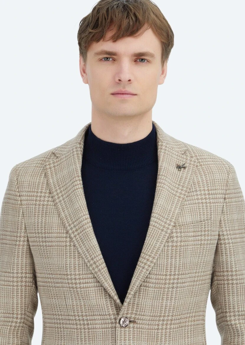 Bej Kareli Shirt Shoulder Slim Fit Yün Karışımlı Ceket - 4