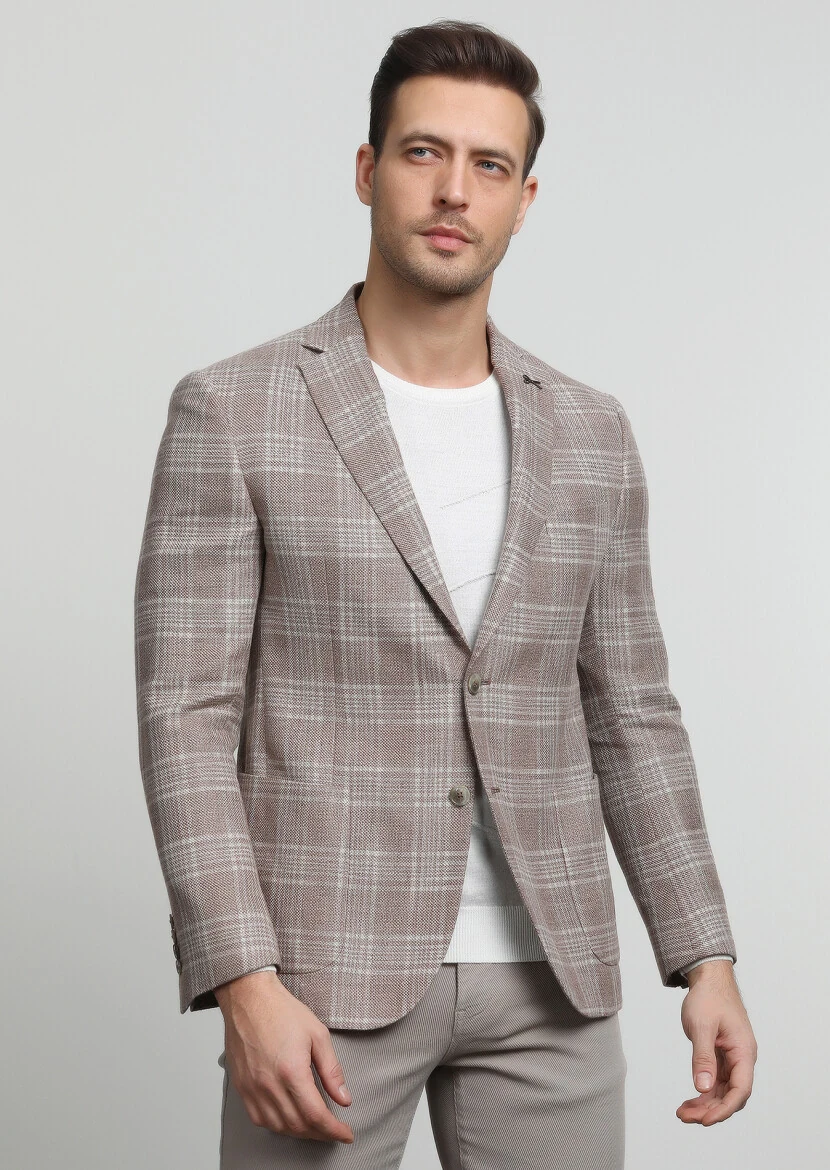 Bej Kareli Zeroweight Slim Fit Yün Karışımlı Ceket - 1