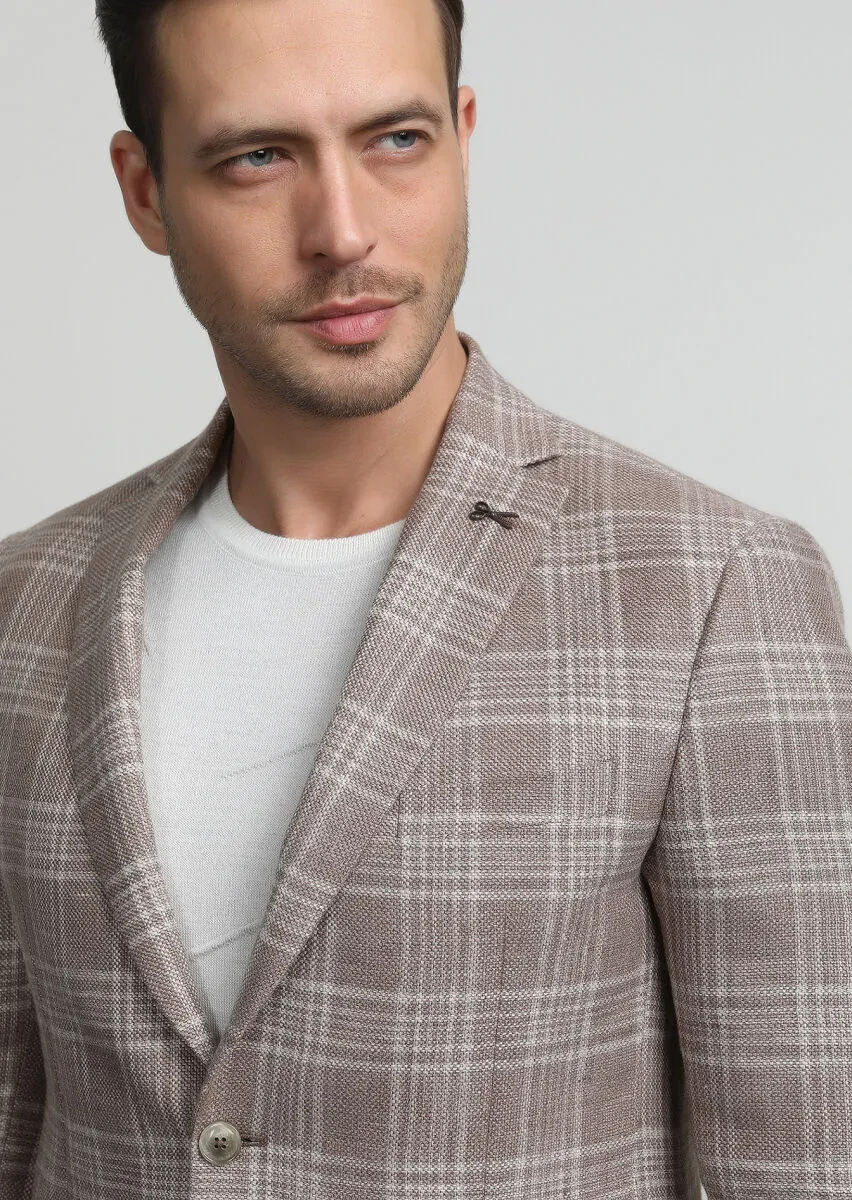 Bej Kareli Zeroweight Slim Fit Yün Karışımlı Ceket - 2