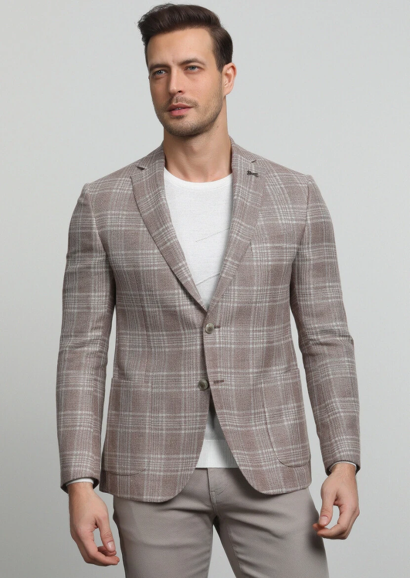 Bej Kareli Zeroweight Slim Fit Yün Karışımlı Ceket - 3