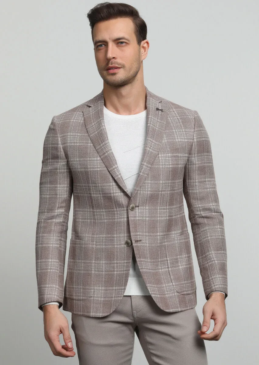 Bej Kareli Zeroweight Slim Fit Yün Karışımlı Ceket - 3