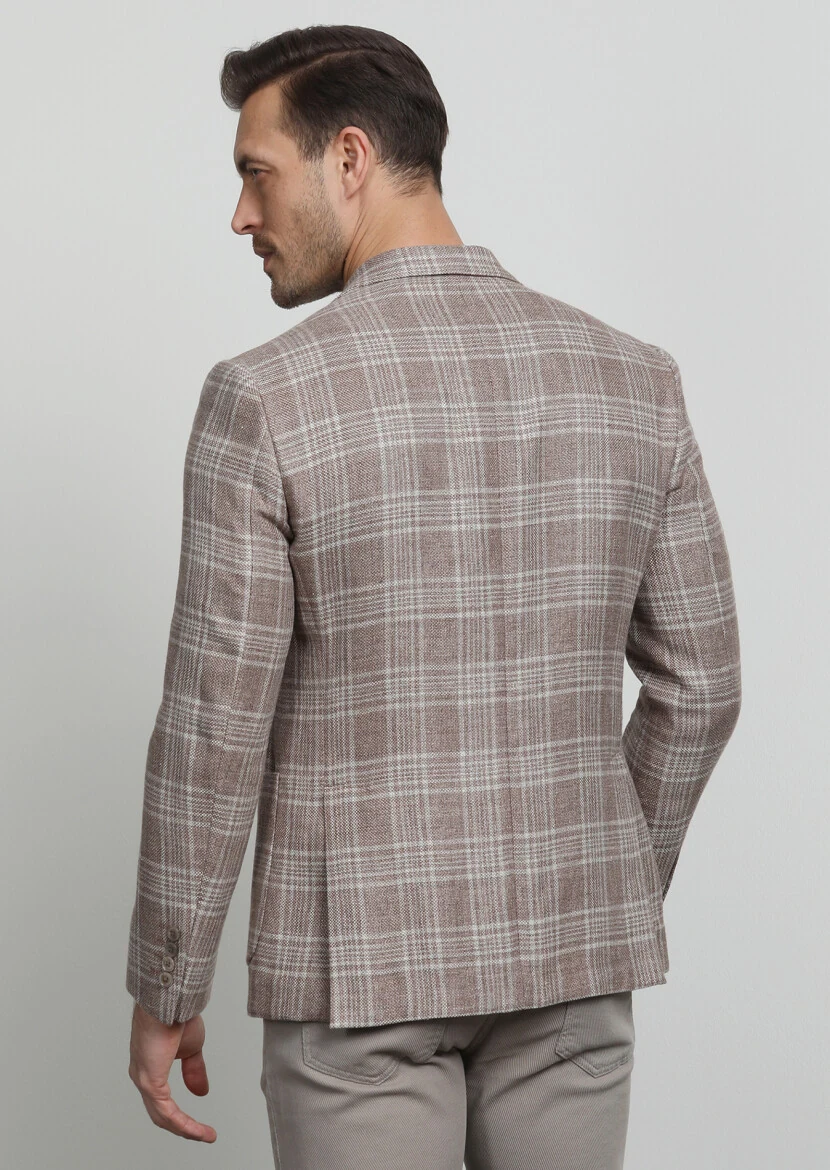 Bej Kareli Zeroweight Slim Fit Yün Karışımlı Ceket - 4