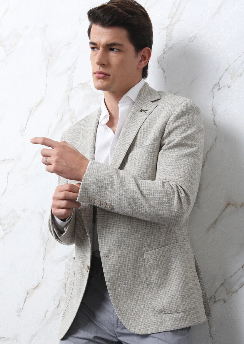 Bej Mikro Shirt Shoulder Slim Fit Pamuk Karışımlı Ceket - 1