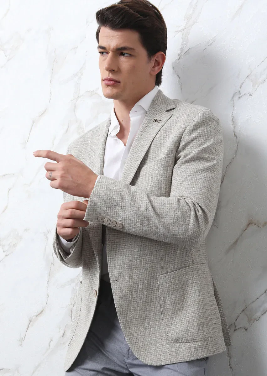 Bej Mikro Shirt Shoulder Slim Fit Pamuk Karışımlı Ceket - 1