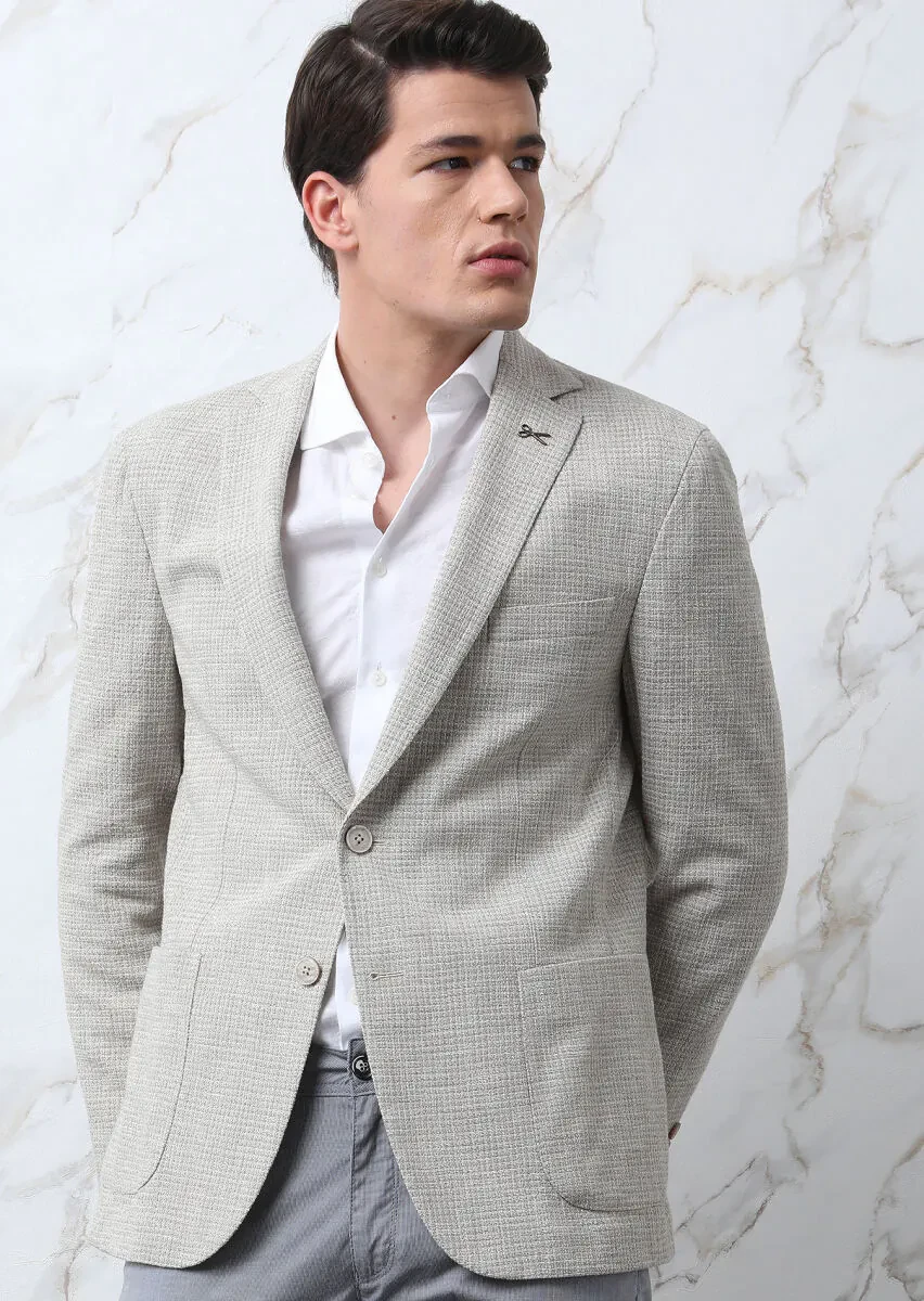 Bej Mikro Shirt Shoulder Slim Fit Pamuk Karışımlı Ceket - 4