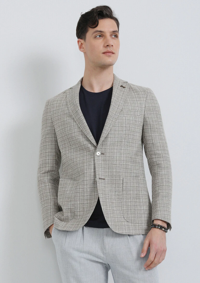 Bej Mikro Shirt Shoulder Slim Fit Yün Karışımlı Ceket - 2