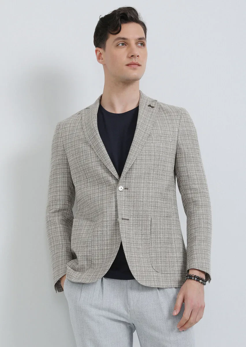 Bej Mikro Shirt Shoulder Slim Fit Yün Karışımlı Ceket - 2