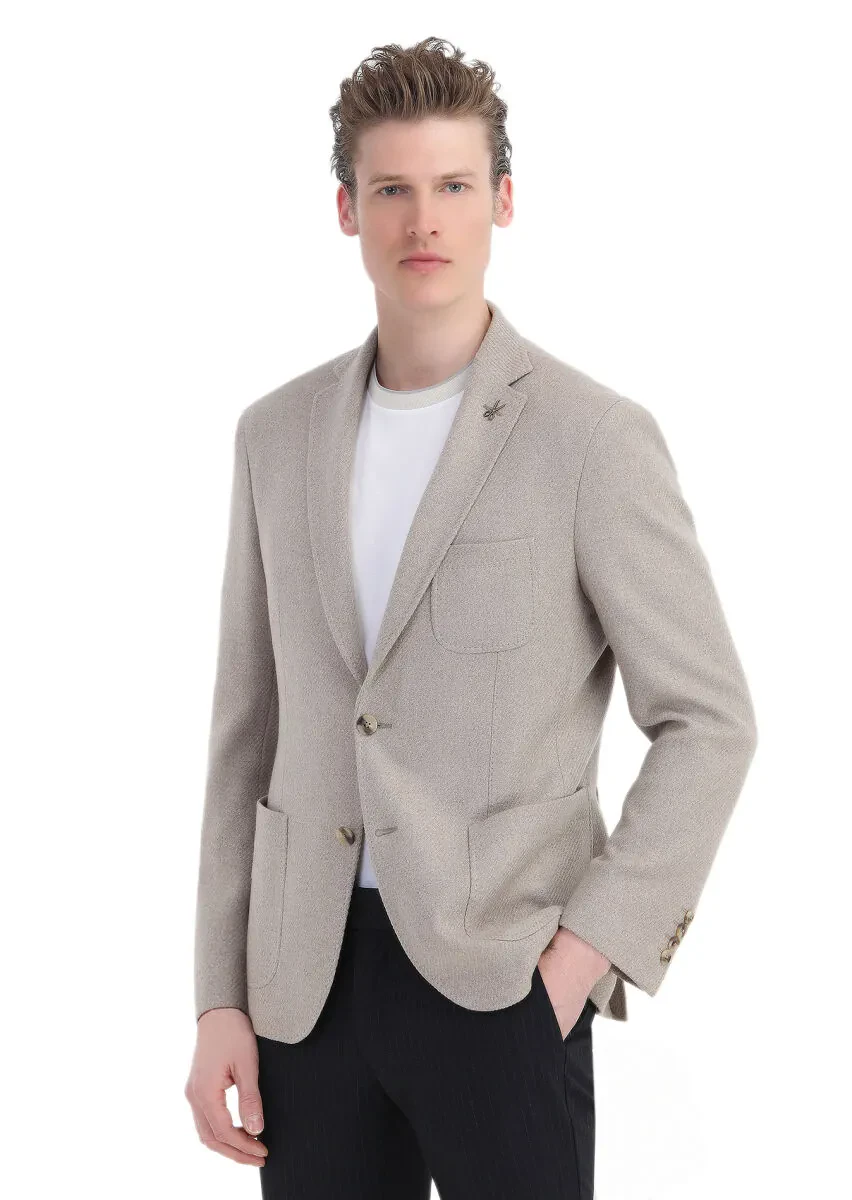 Bej Mikro Slim Fit Yün Karışımlı Ceket - 1