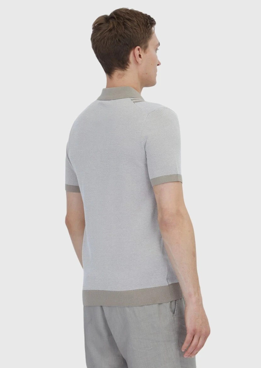 Bej Polo Yaka Çizgili Pamuk Karışımlı Triko - 5