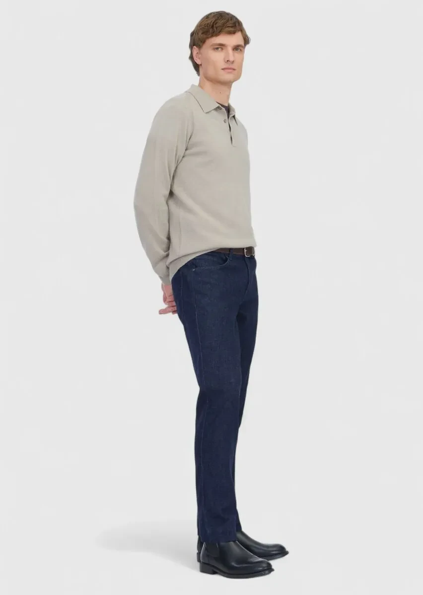 Bej Polo Yaka Düz Örgü %100 Kaşmir Triko Kazak - 3