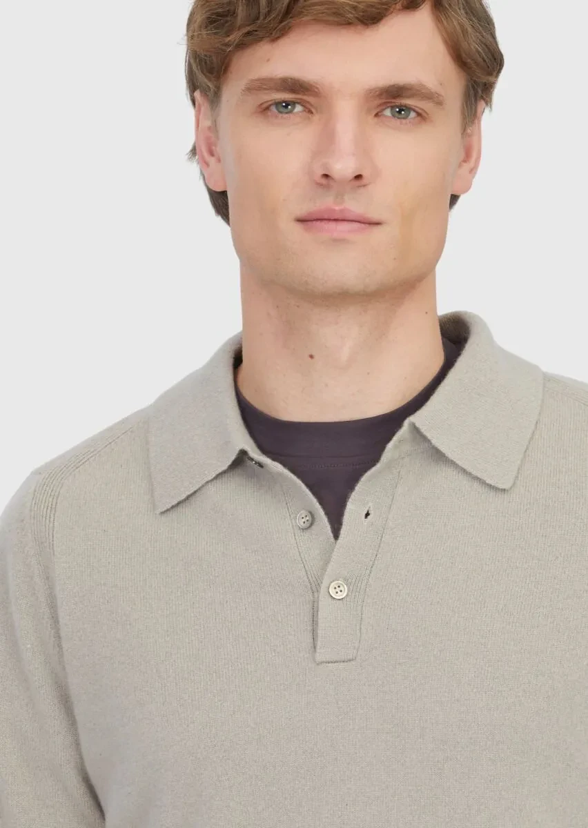 Bej Polo Yaka Düz Örgü %100 Kaşmir Triko Kazak - 4