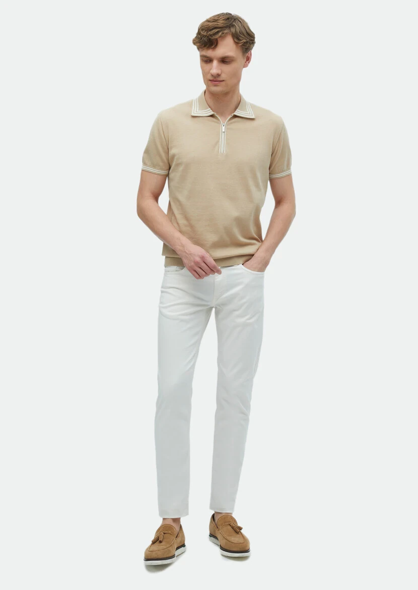 Bej Polo Yaka Düz Örgü %100 Pamuk Triko - 2