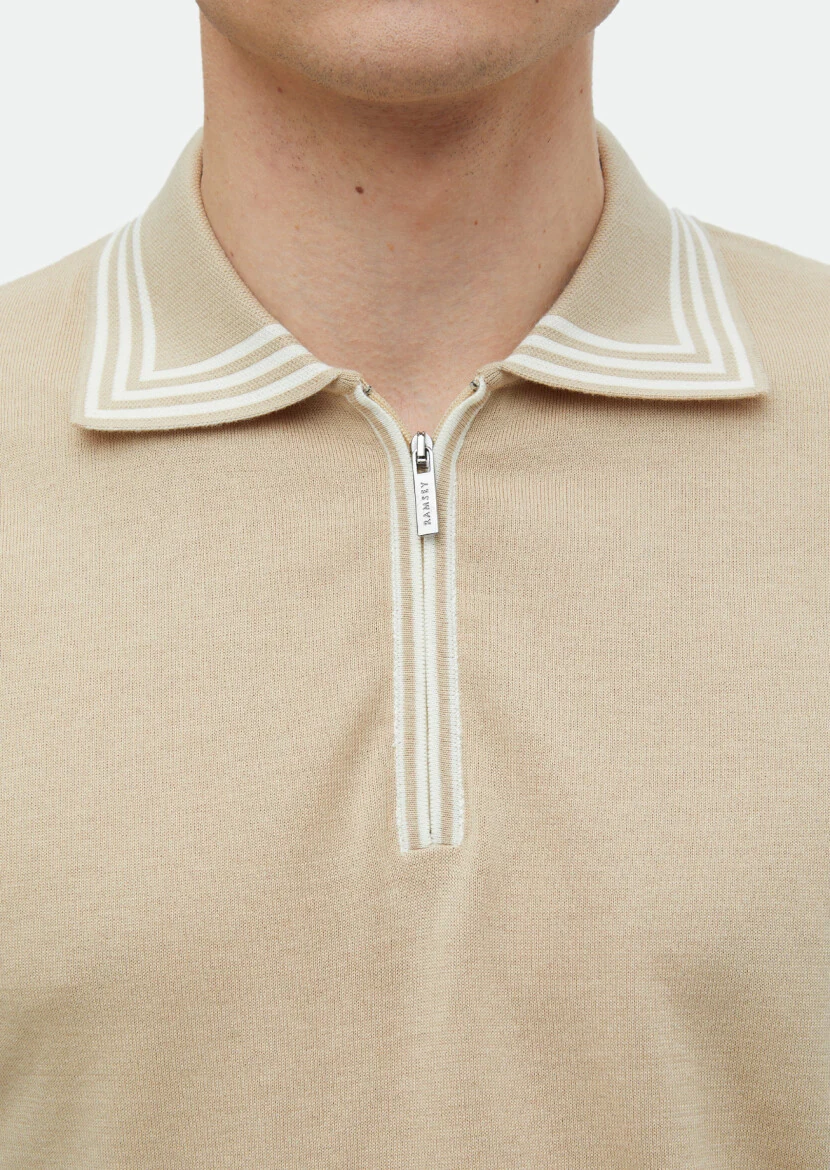 Bej Polo Yaka Düz Örgü %100 Pamuk Triko - 4