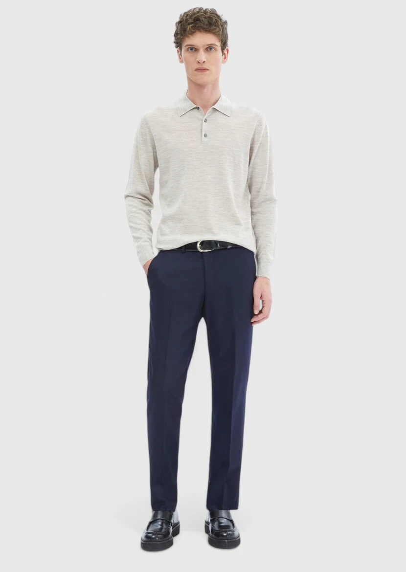 Bej Polo Yaka Düz Örgü %100 Yün Triko Kazak 