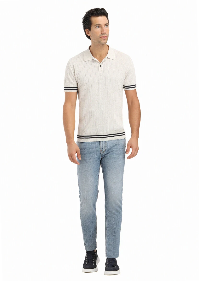 Bej Polo Yaka Jakarlı Keten Karışımlı Triko - 1