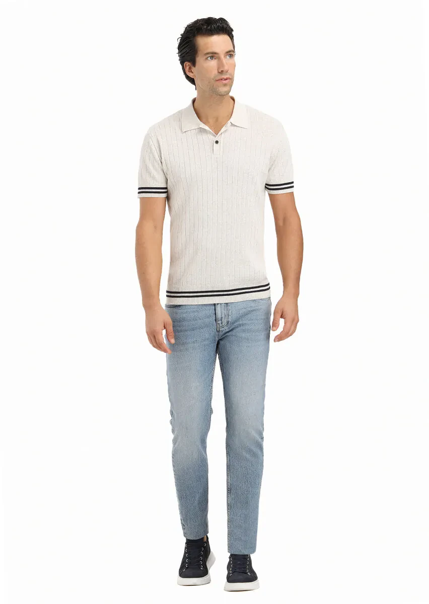 Bej Polo Yaka Jakarlı Keten Karışımlı Triko - 1