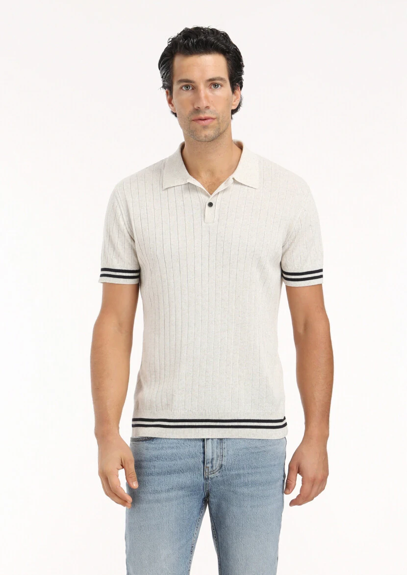 Bej Polo Yaka Jakarlı Keten Karışımlı Triko - 2