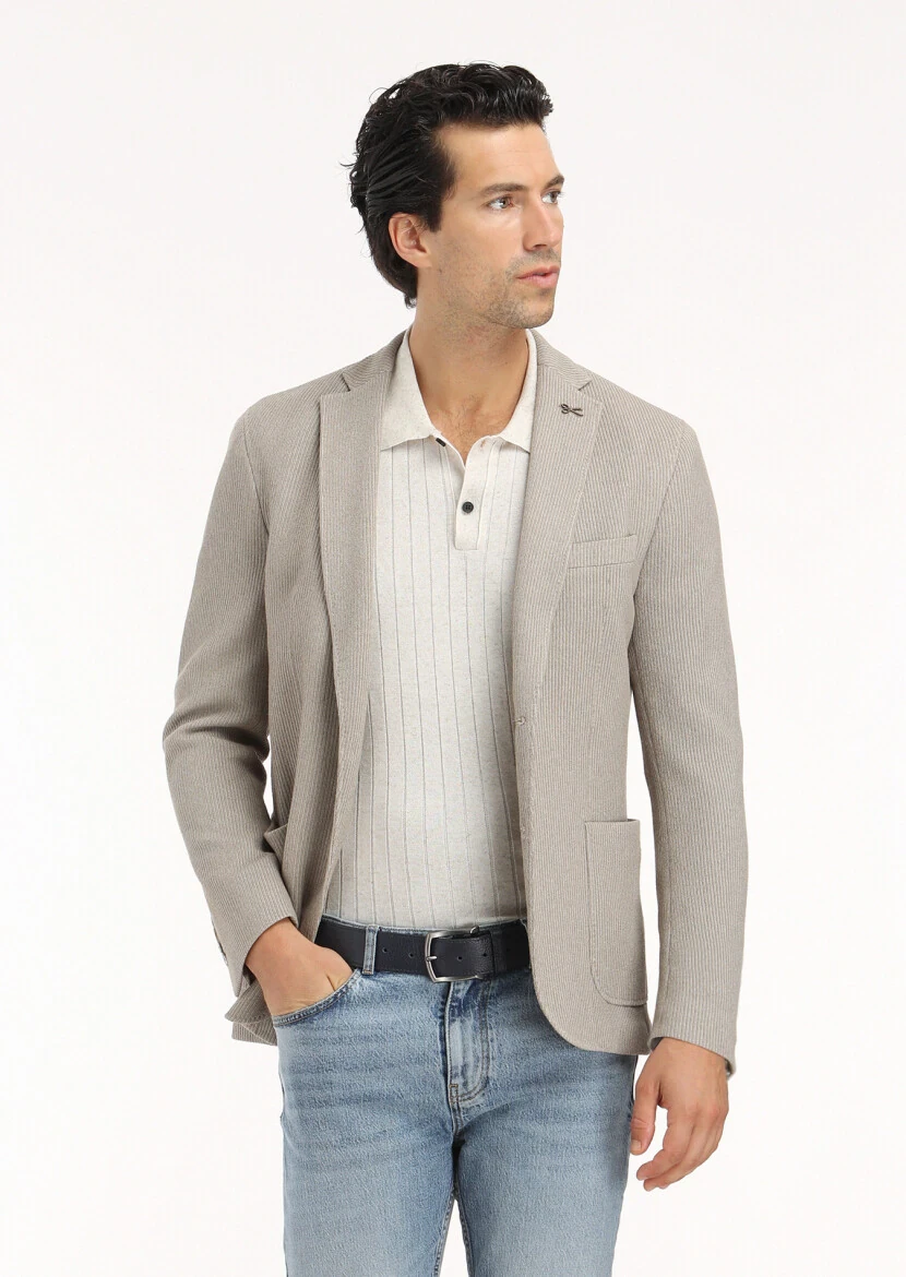 Bej Polo Yaka Jakarlı Keten Karışımlı Triko - 3