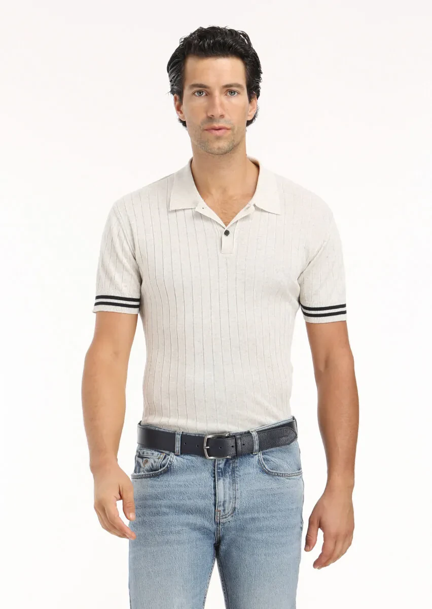 Bej Polo Yaka Jakarlı Keten Karışımlı Triko - 4