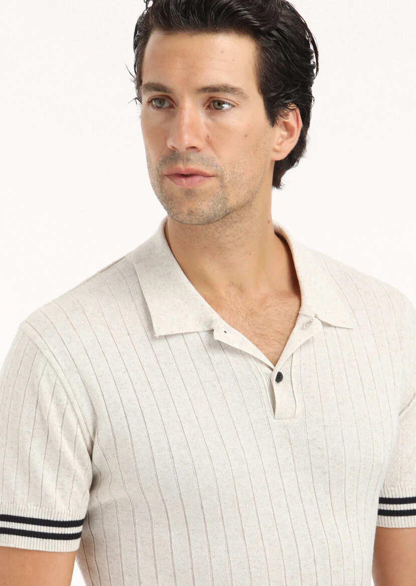 Bej Polo Yaka Jakarlı Keten Karışımlı Triko - 5