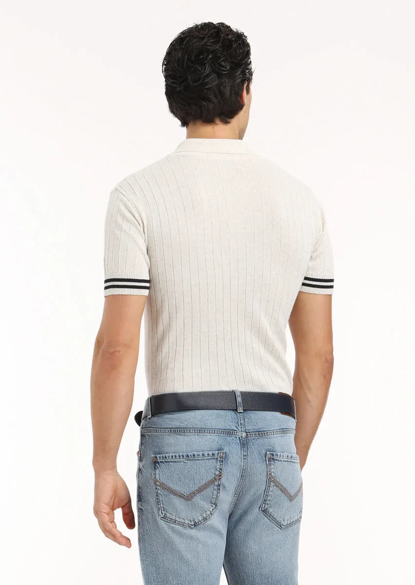 Bej Polo Yaka Jakarlı Keten Karışımlı Triko - 6