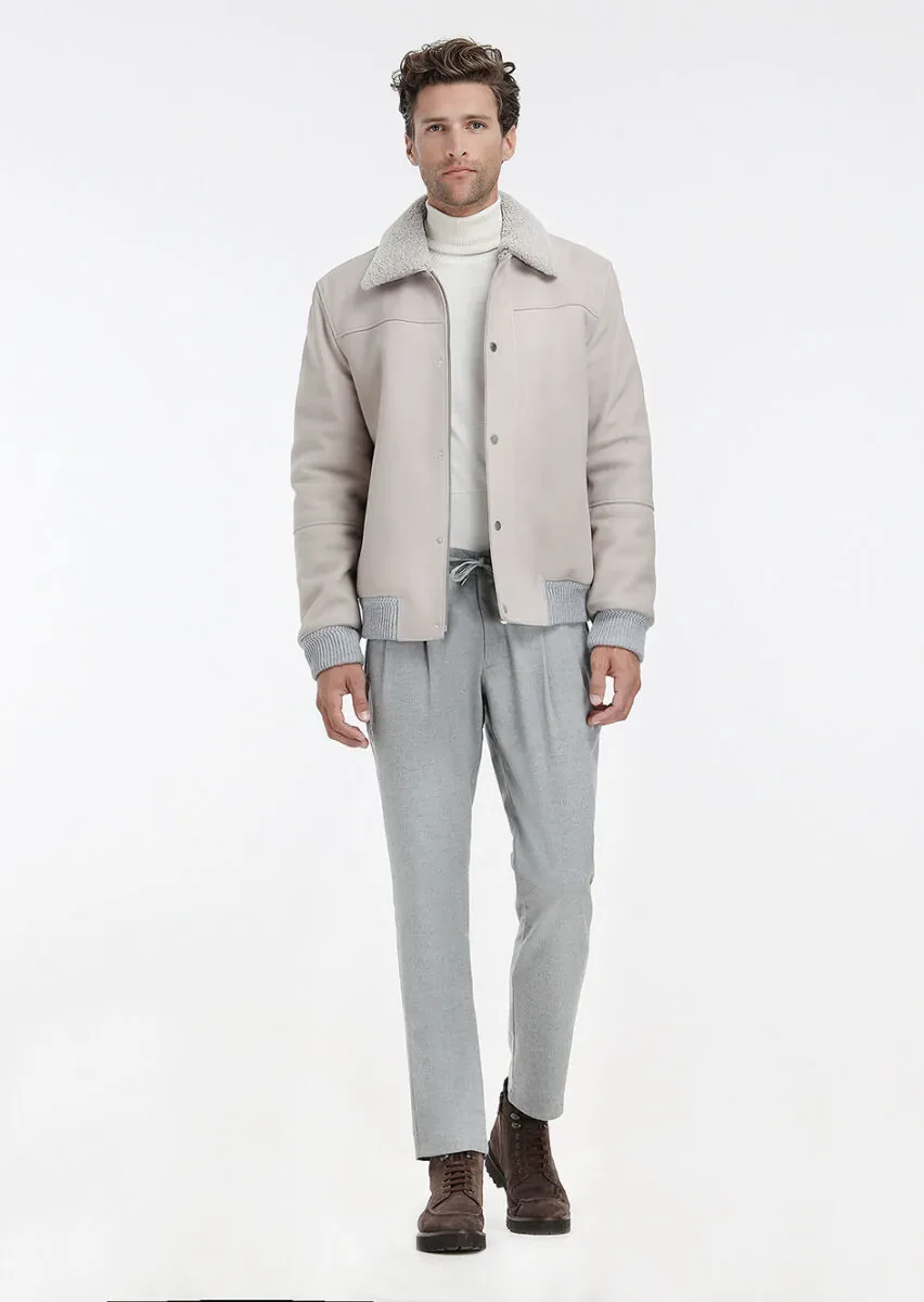 Bej Regular Fit Bebe Yaka Casual Süet Deri Mont - 2