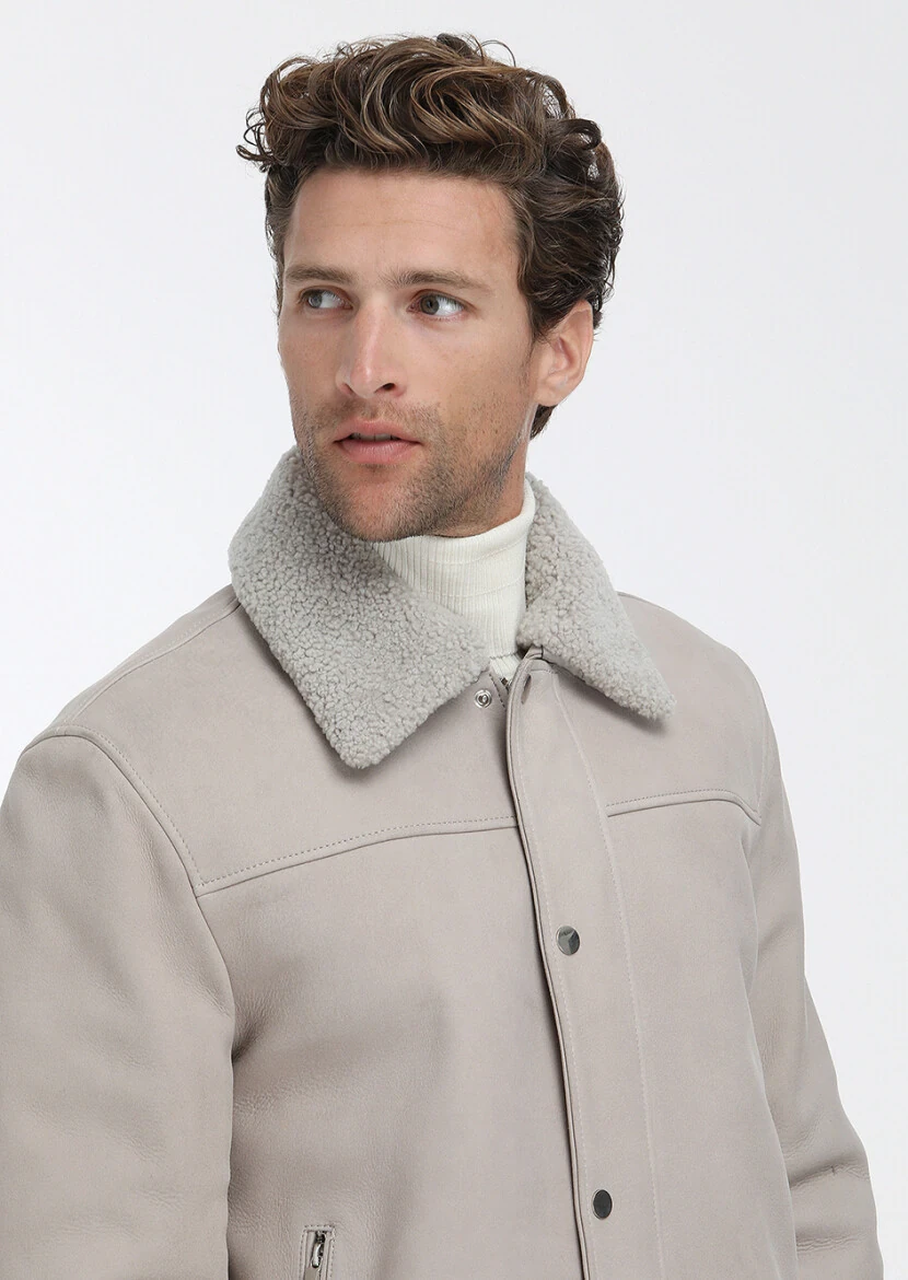 Bej Regular Fit Bebe Yaka Casual Süet Deri Mont - 4