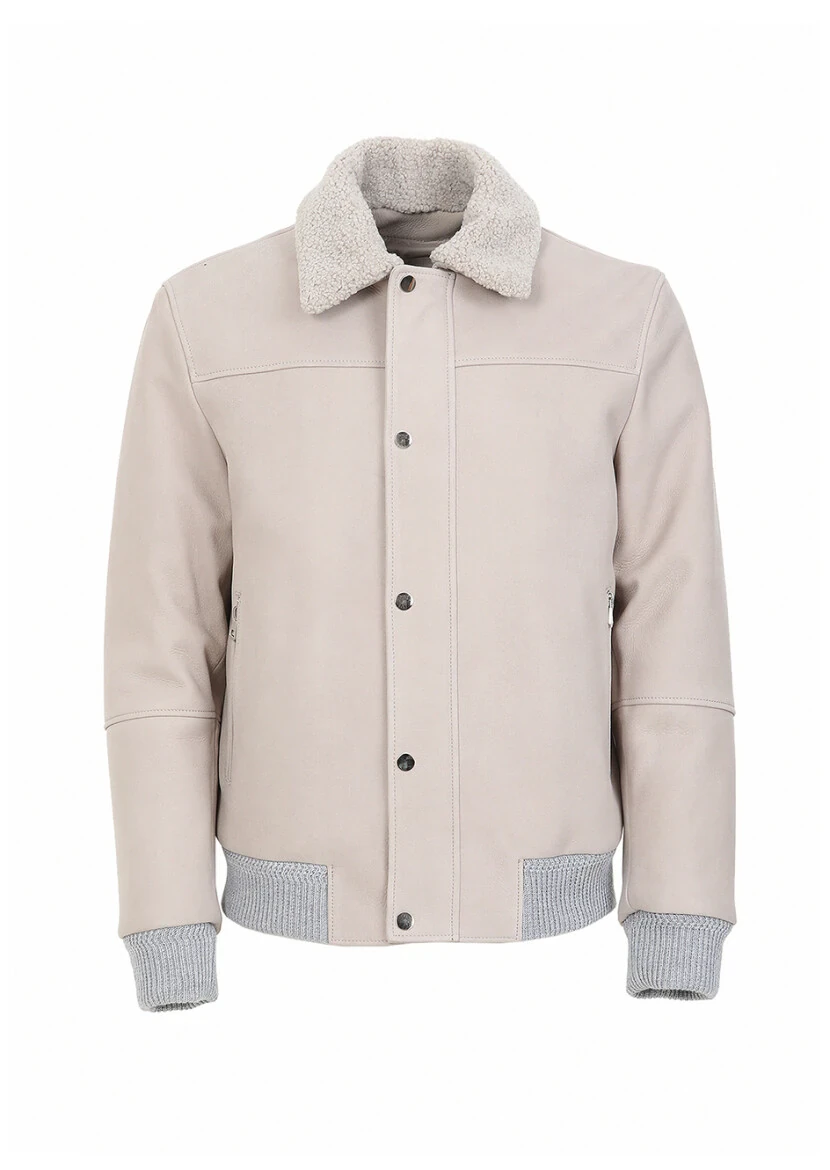 Bej Regular Fit Bebe Yaka Casual Süet Deri Mont - 9