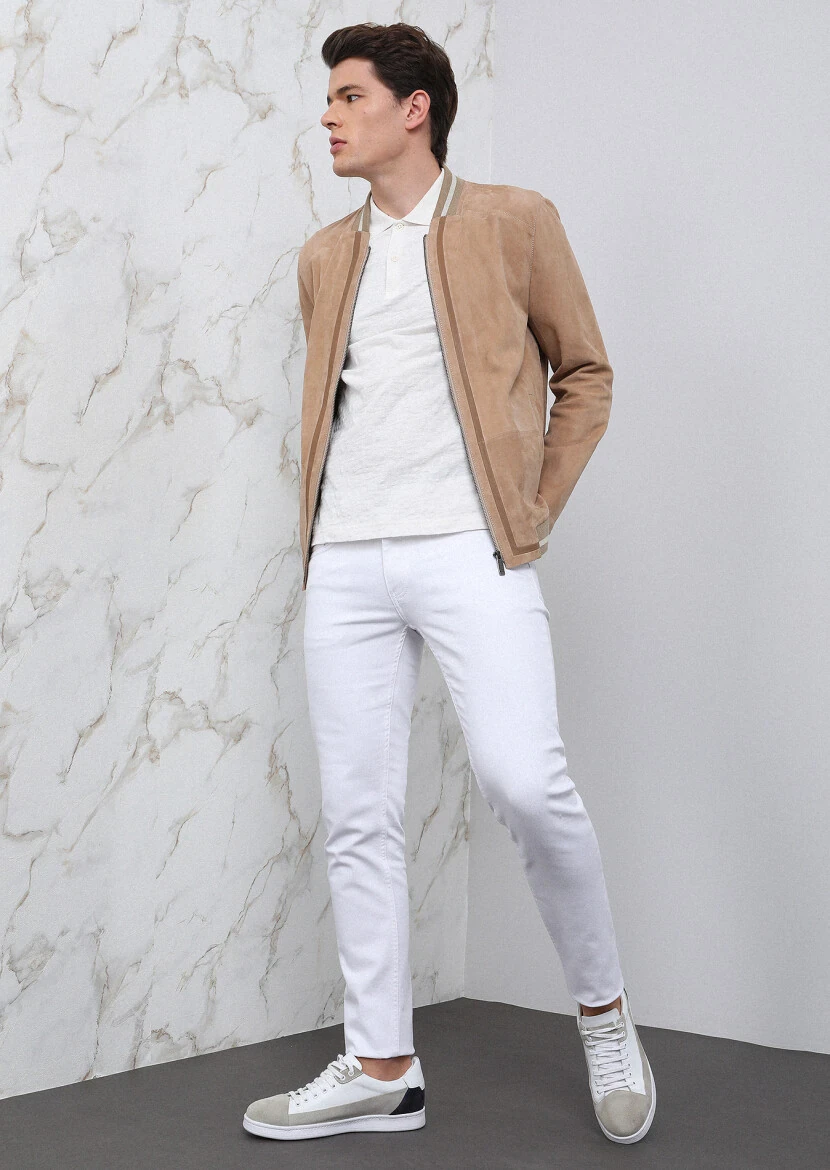 Bej Regular Fit Dik Yaka Casual Deri Deri Mont - 1