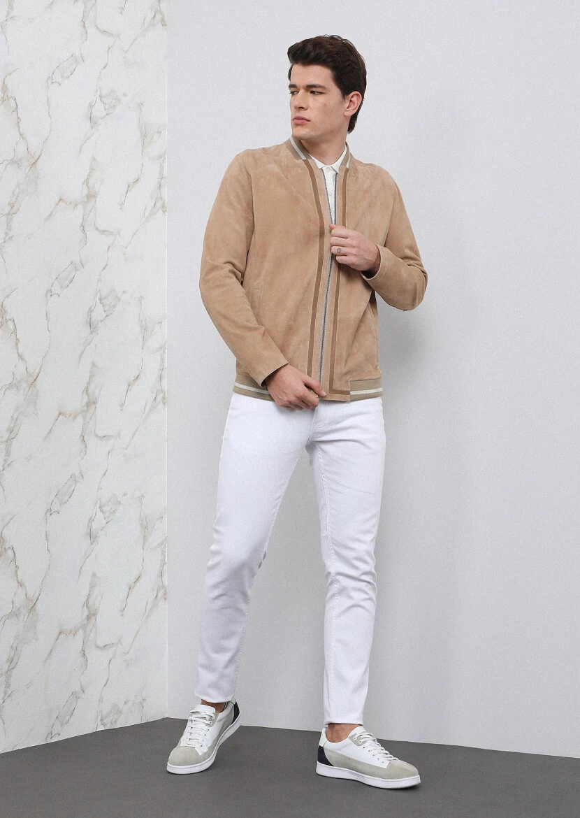 Bej Regular Fit Dik Yaka Casual Deri Deri Mont - 4