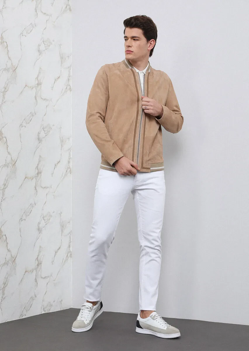 Bej Regular Fit Dik Yaka Casual Deri Deri Mont - 4