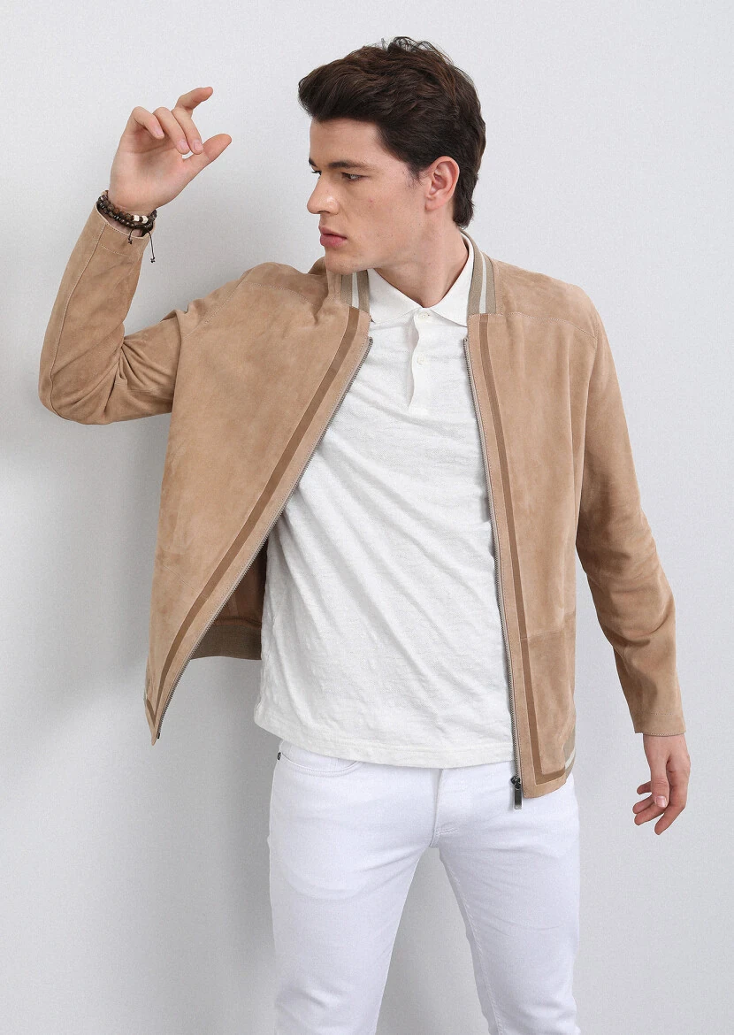 Bej Regular Fit Dik Yaka Casual Deri Deri Mont - 6