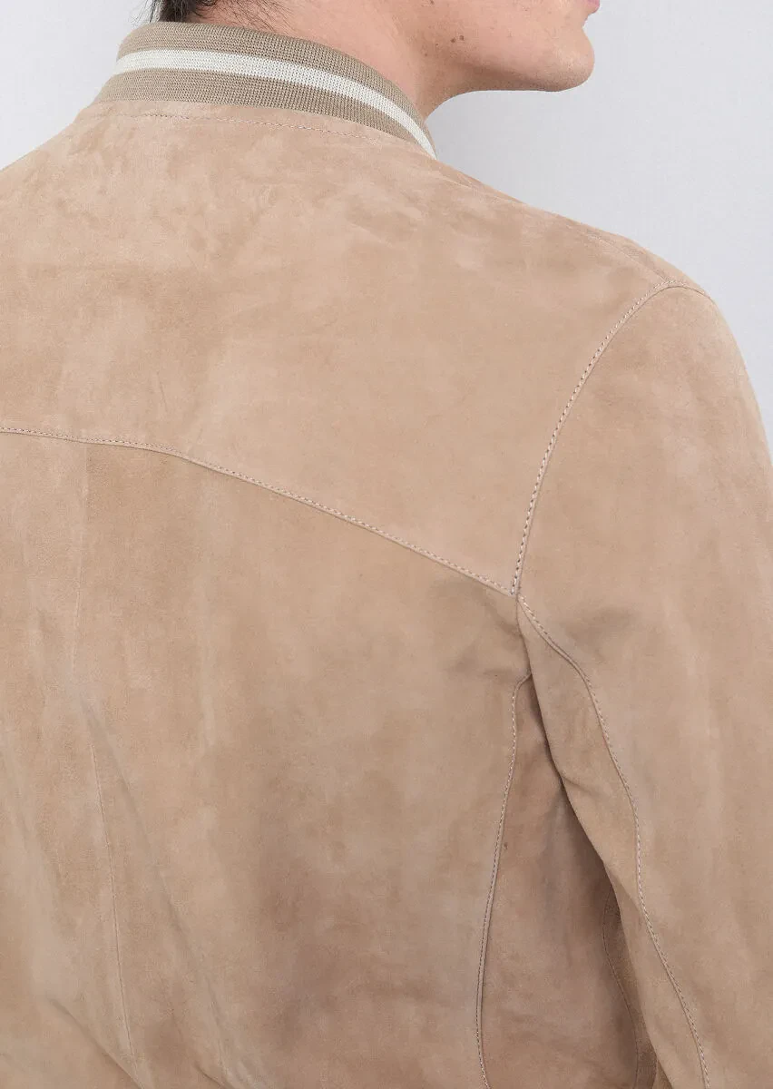 Bej Regular Fit Dik Yaka Casual Deri Deri Mont - 7