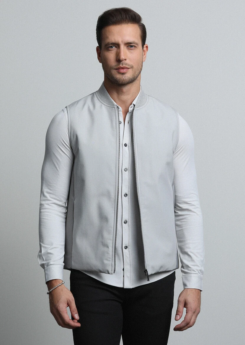 Bej Regular Fit Dik Yaka Casual Dokuma Spor Yelek - 1