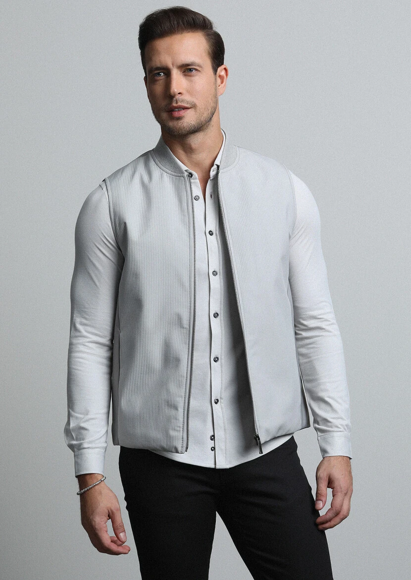 Bej Regular Fit Dik Yaka Casual Dokuma Spor Yelek - 3