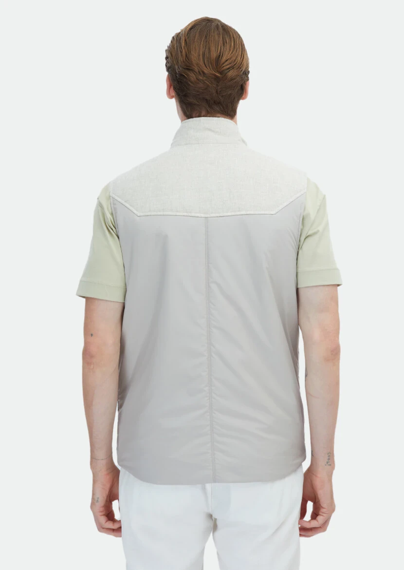 Bej Regular Fit Dik Yaka Casual Dokuma Spor Yelek - 6