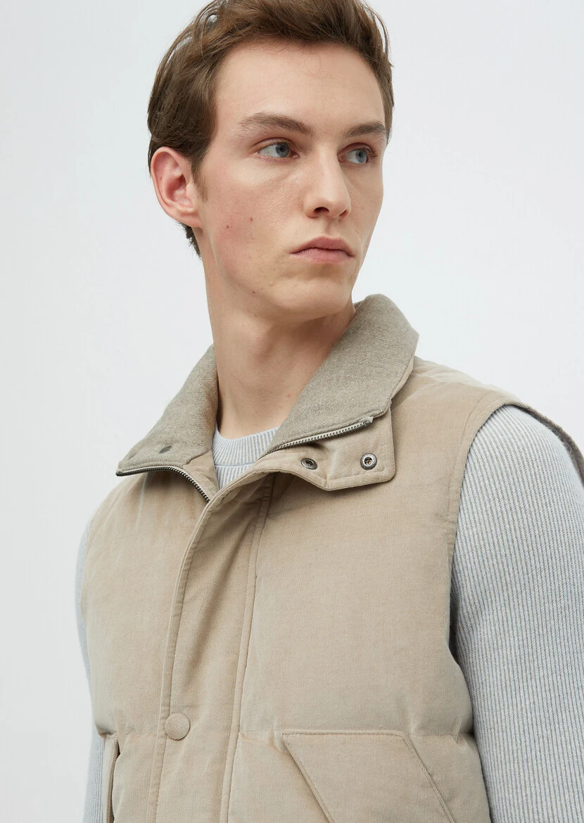 Bej Regular Fit Dik Yaka Casual Dokuma Spor Yelek - 5