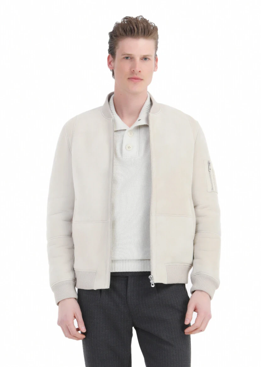 Bej Regular Fit Dik Yaka Casual Kürk Deri Mont - 1