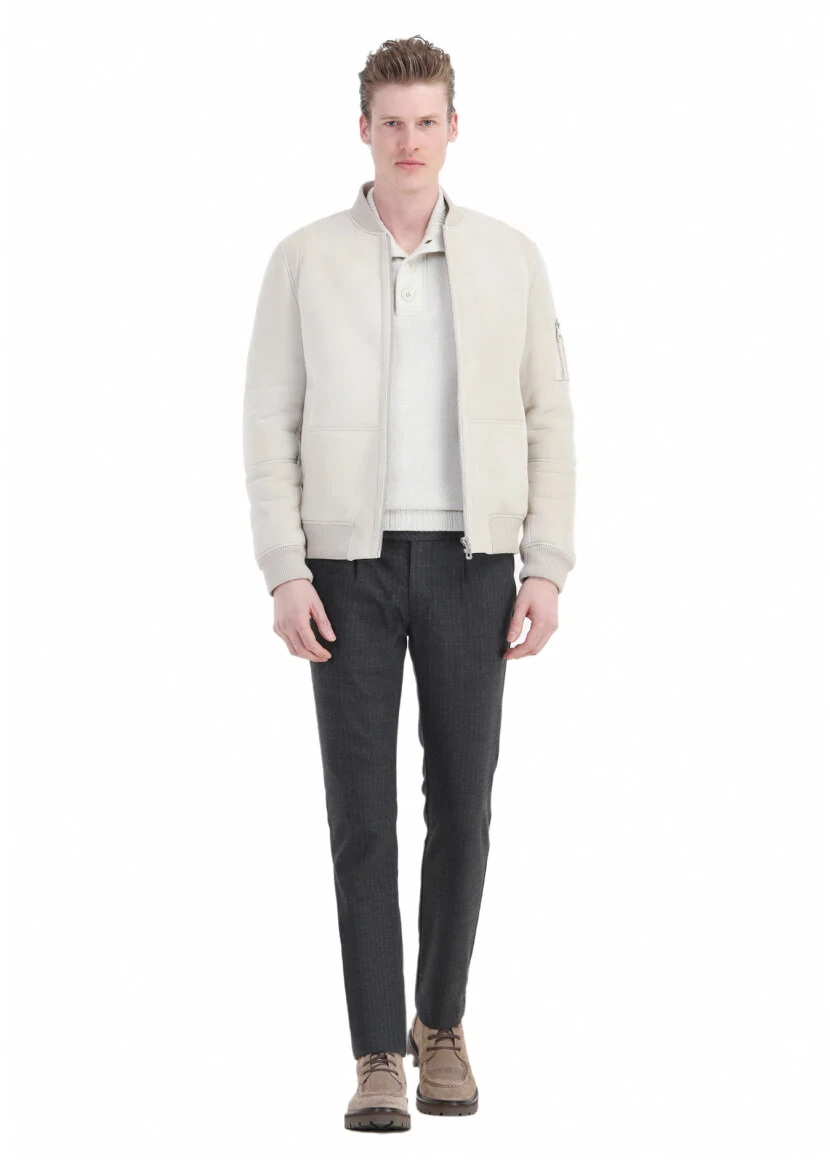 Bej Regular Fit Dik Yaka Casual Kürk Deri Mont - 2