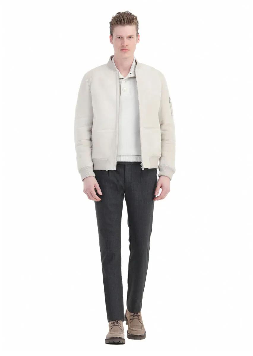 Bej Regular Fit Dik Yaka Casual Kürk Deri Mont - 2