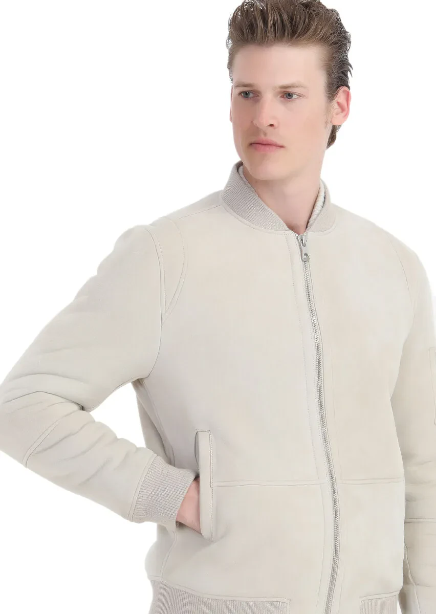 Bej Regular Fit Dik Yaka Casual Kürk Deri Mont - 4