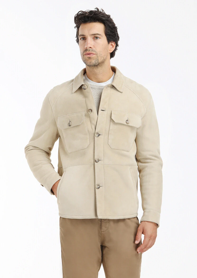 Bej Regular Fit Gömlek Yaka Casual Kürk Deri Mont - 2