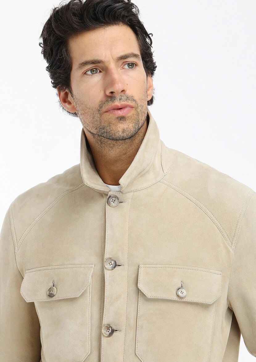 Bej Regular Fit Gömlek Yaka Casual Kürk Deri Mont - 3