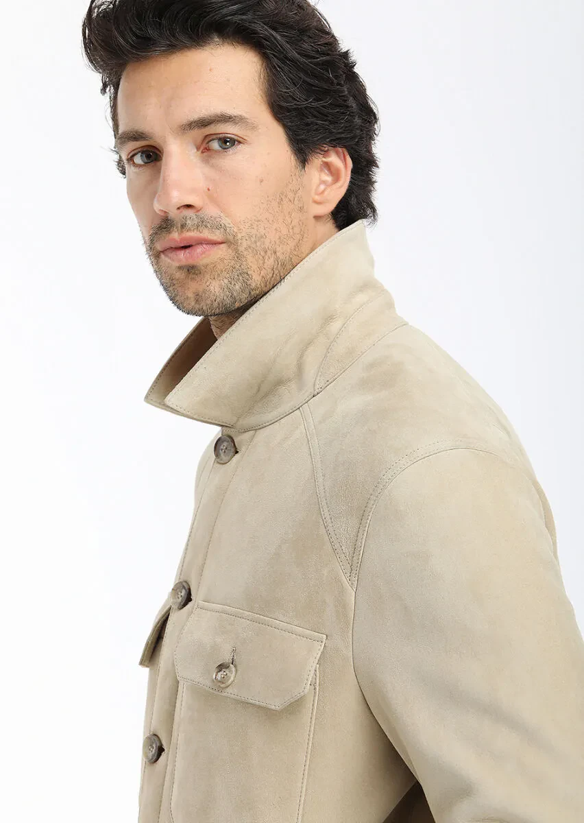 Bej Regular Fit Gömlek Yaka Casual Kürk Deri Mont - 4