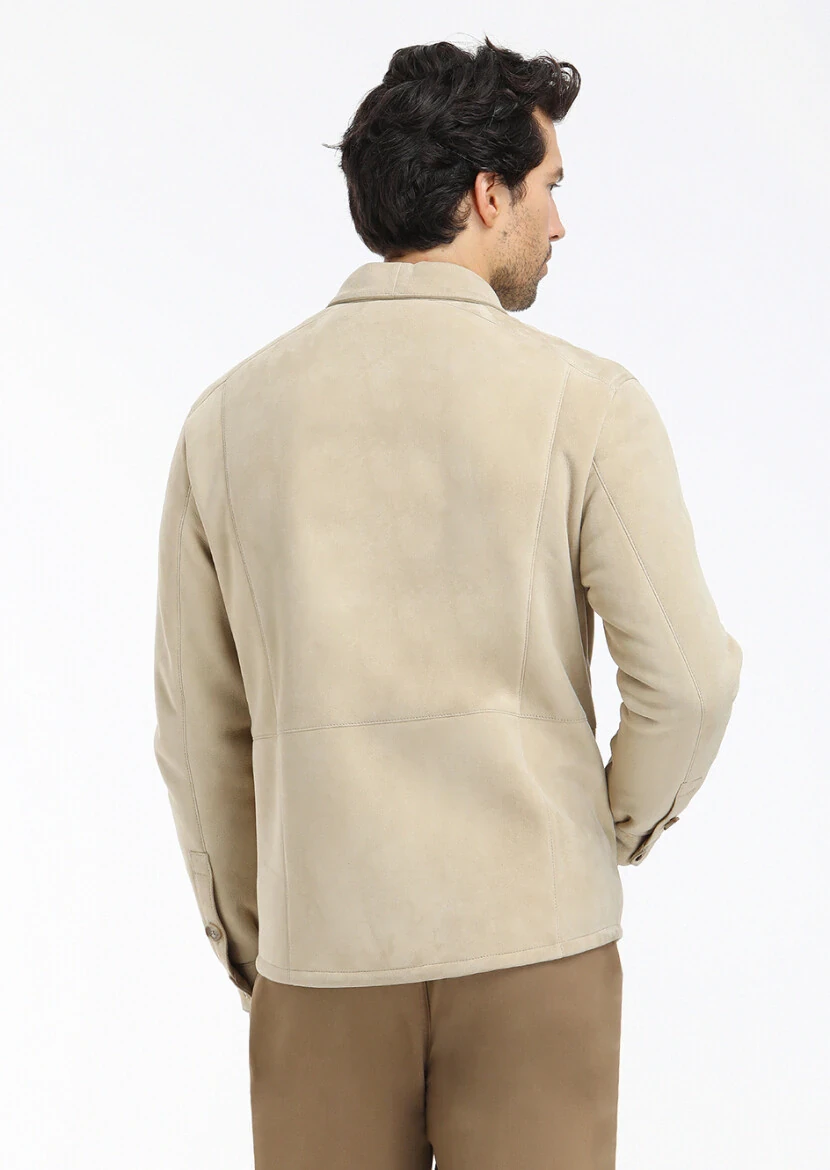 Bej Regular Fit Gömlek Yaka Casual Kürk Deri Mont - 5