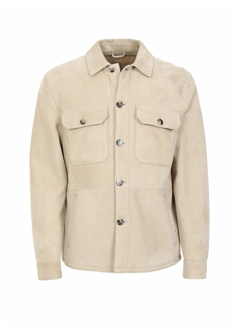 Bej Regular Fit Gömlek Yaka Casual Kürk Deri Mont - 6